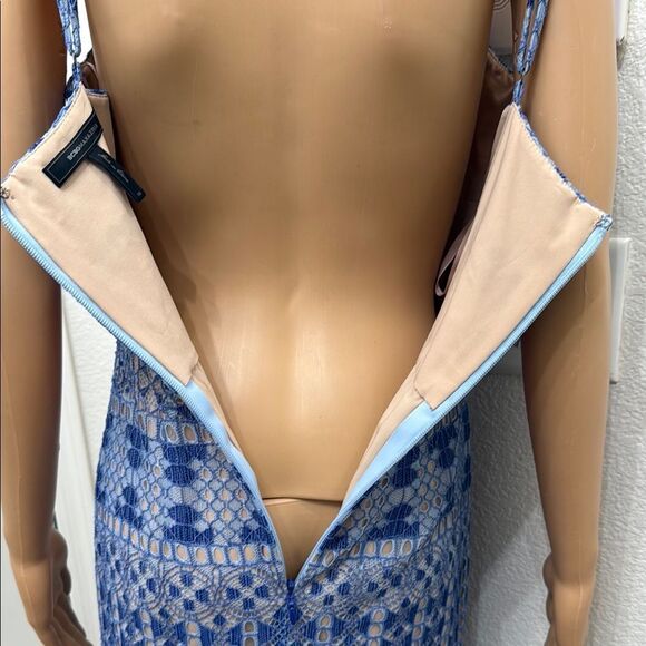 BCBGMaxAzria Blue Cream Spaghetti Strap Midi Silky Lace Weddings Evening - Picture 13 of 17